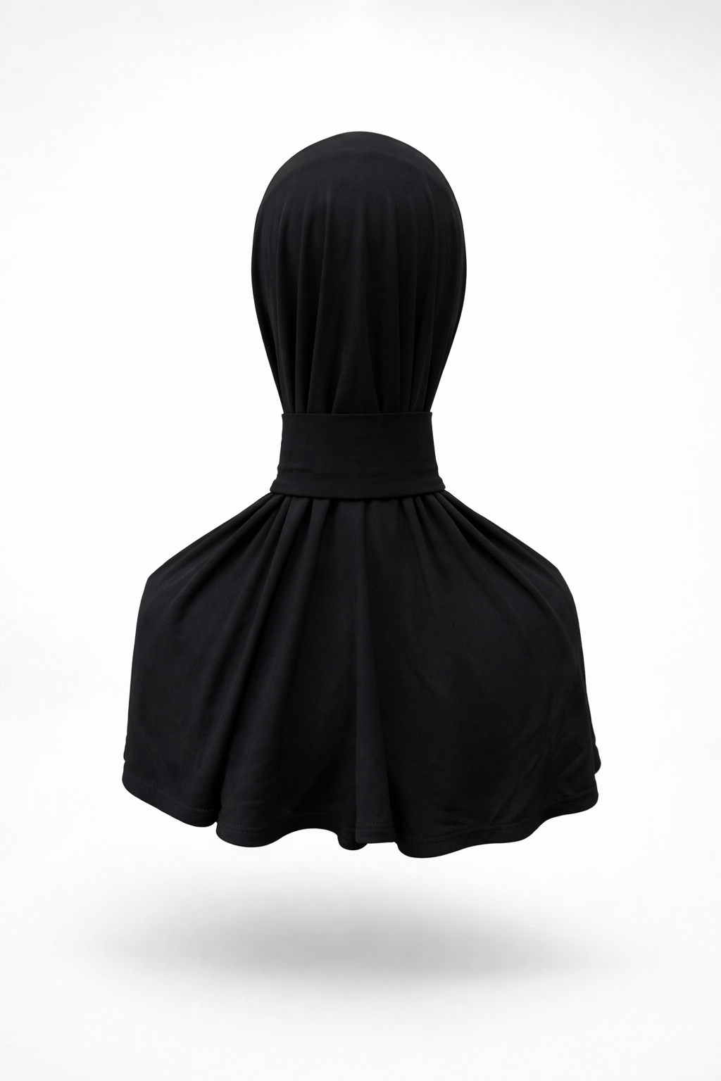 Black hijab with a red logo on a white background