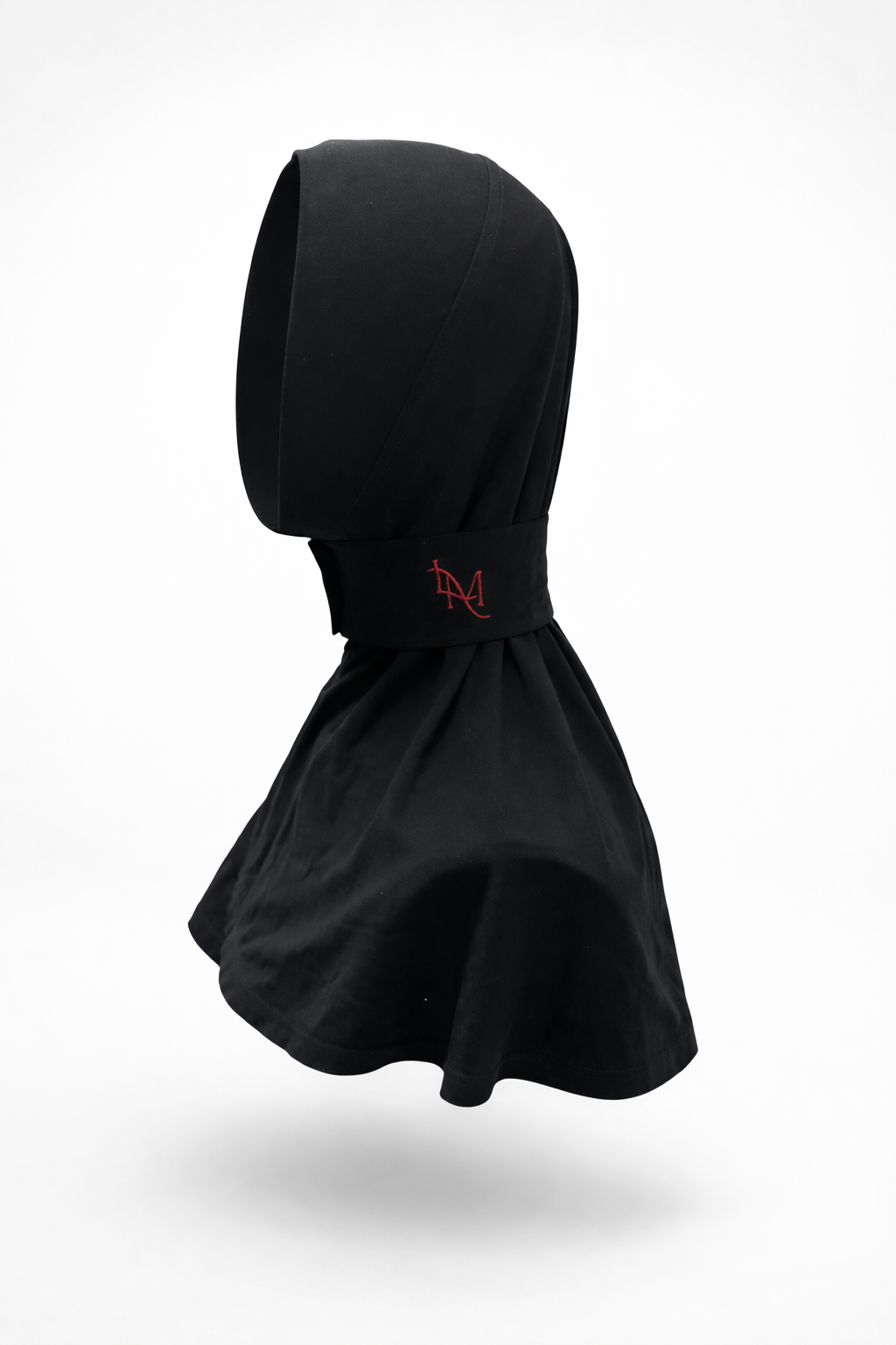 Black hijab with a red logo on a white background